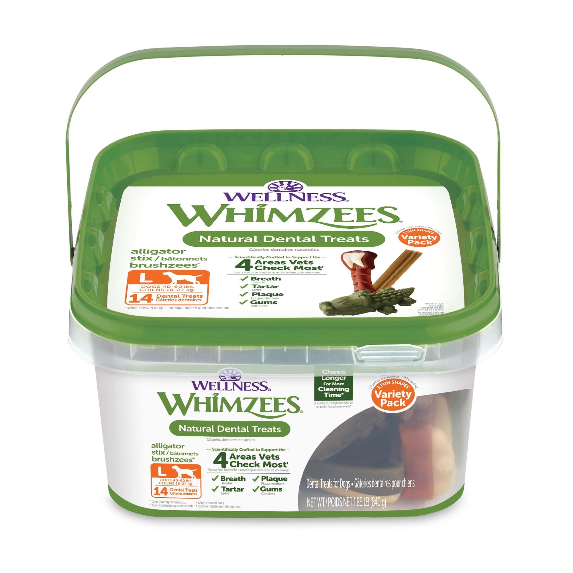 Whimzees variety value box large front view for daily canine dental care.
