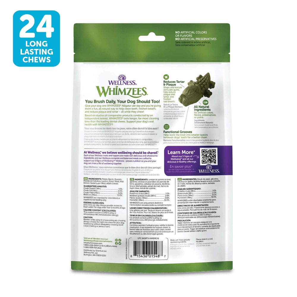 Whimzees Wellness Alligator 24-count bag label for easy daily use.