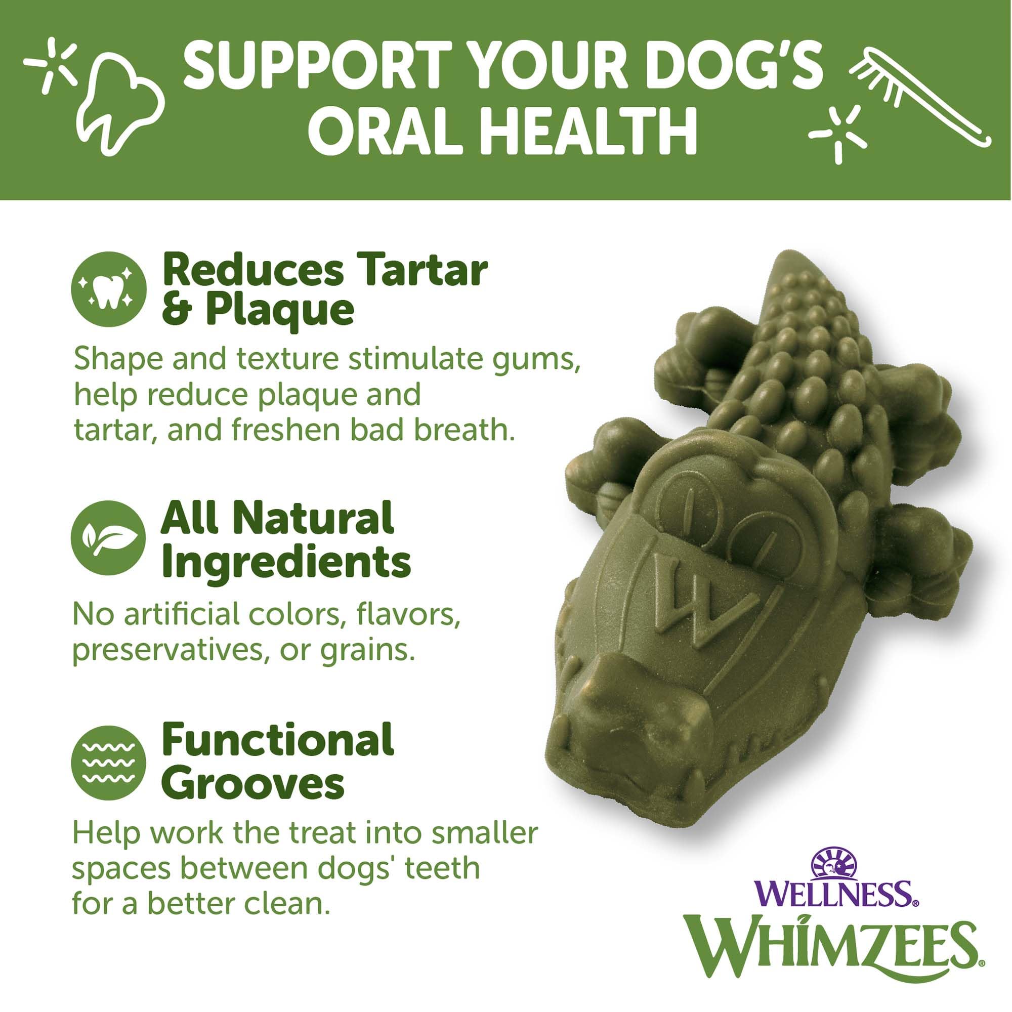 Whimzees Wellness Alligator chew design supports longer chewing time.