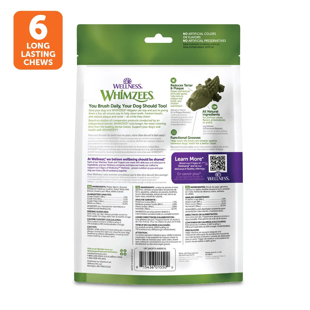 Whimzees Wellness Alligator natural ingredients support dog-friendly dental care.