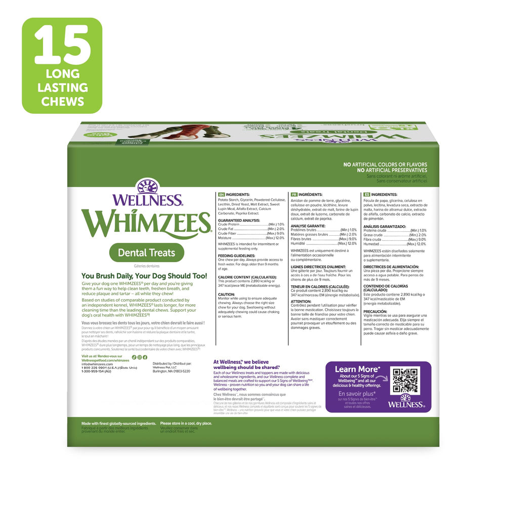 Whimzees long-lasting-chew encourages extended chewing for ongoing plaque reduction.