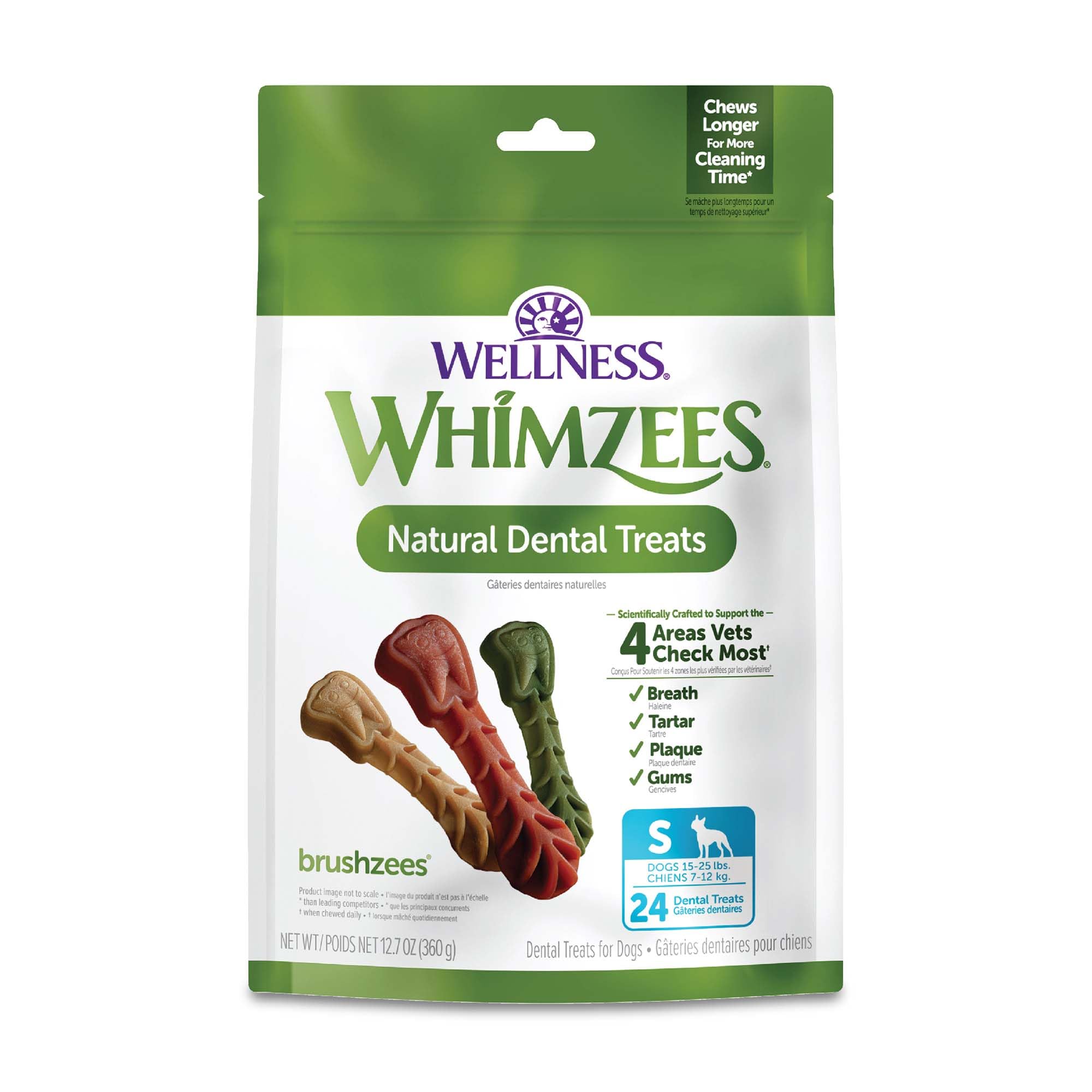 Whimzees Wellness Brushzees small bag packaging supports convenient daily dental care and fresher breath.