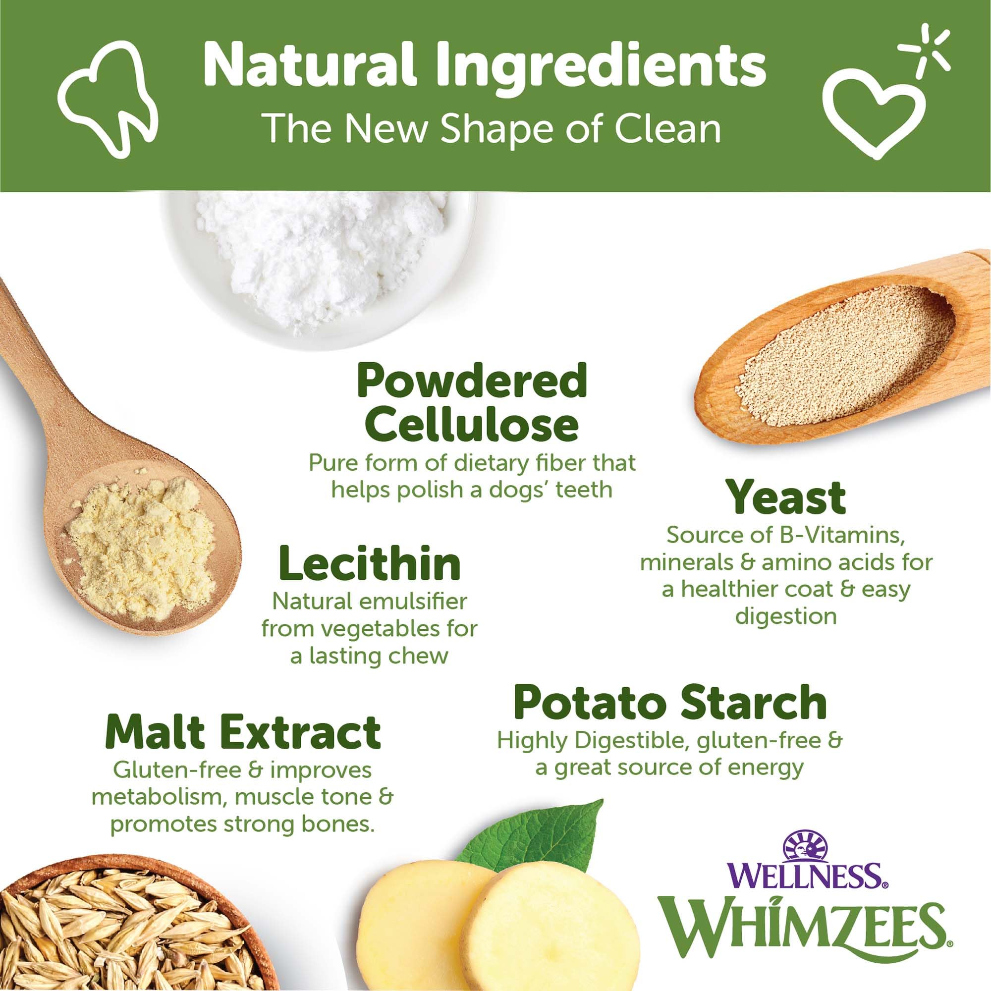 Whimzees natural ingredients pack showing 6 primary ingredients
