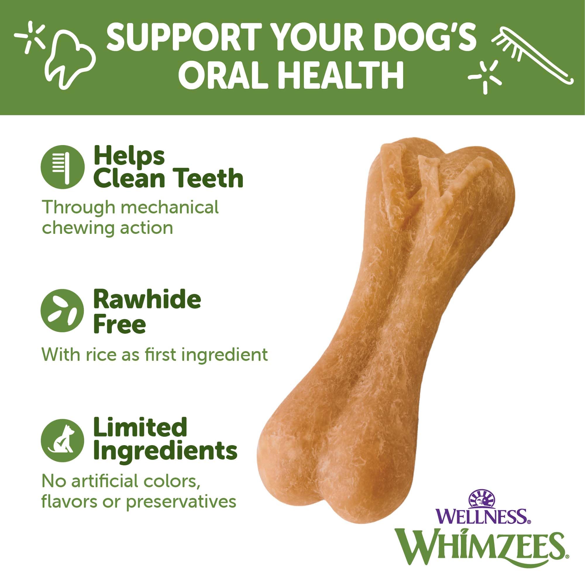 Ingredients panel for Whimzees Ricebone shows natural, allergen-friendly components.