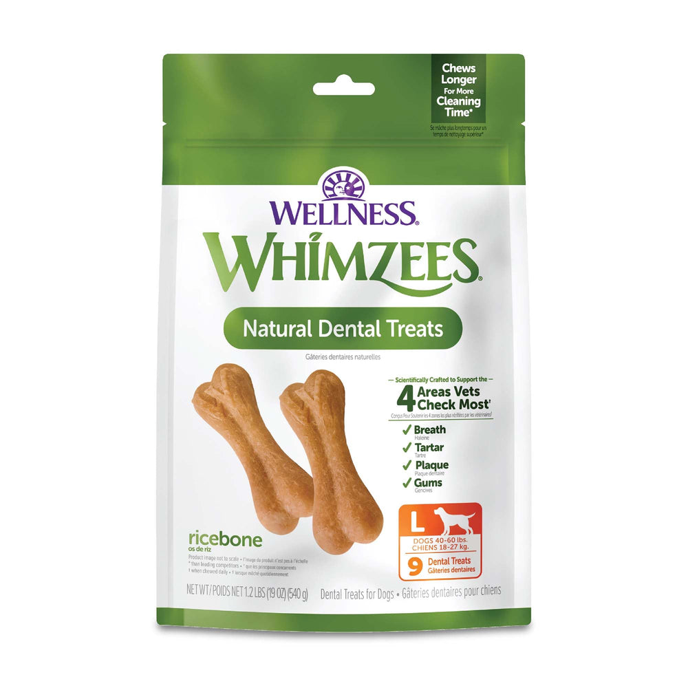 Whimzees Wellness Ricebone packaging showcases a long chew time for dental care.