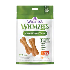 Whimzees Wellness Ricebone packaging showcases a long chew time for dental care.