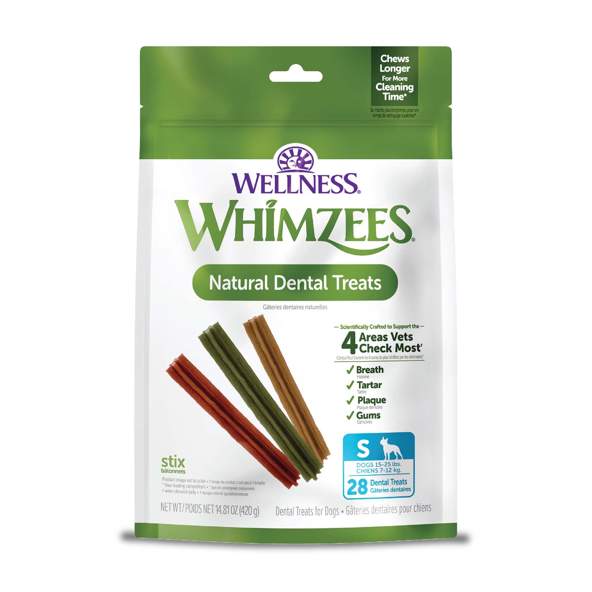 Whimzees Wellness Stix bag front focused on daily dental care for dogs.