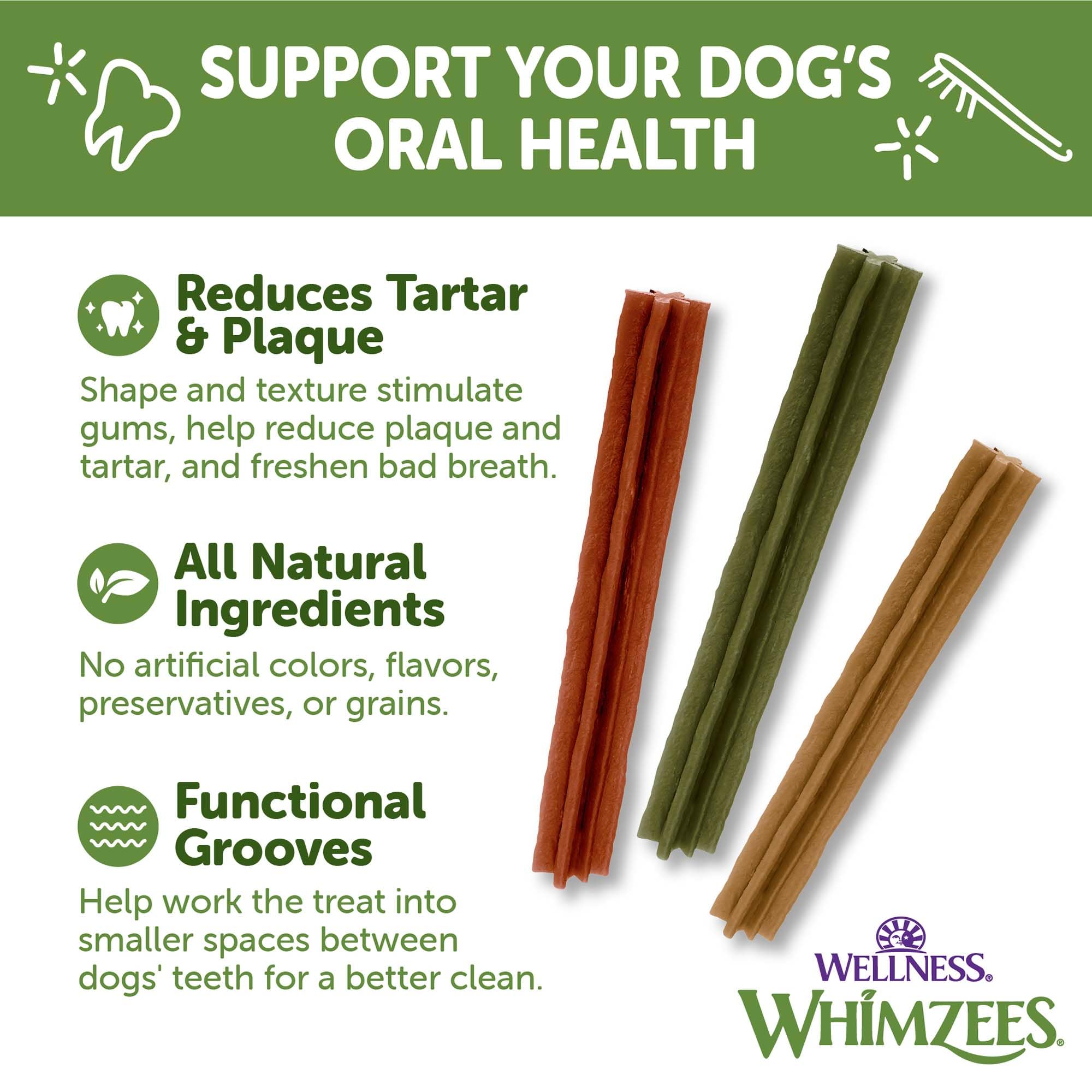 Whimzees Wellness Stix dog chewing action illustrating long chew time.