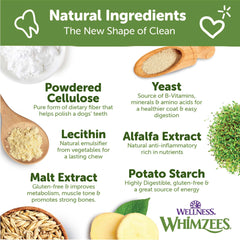 Dog chews Whimzees Wellness Stix, promoting longer chew time for dental cleaning.