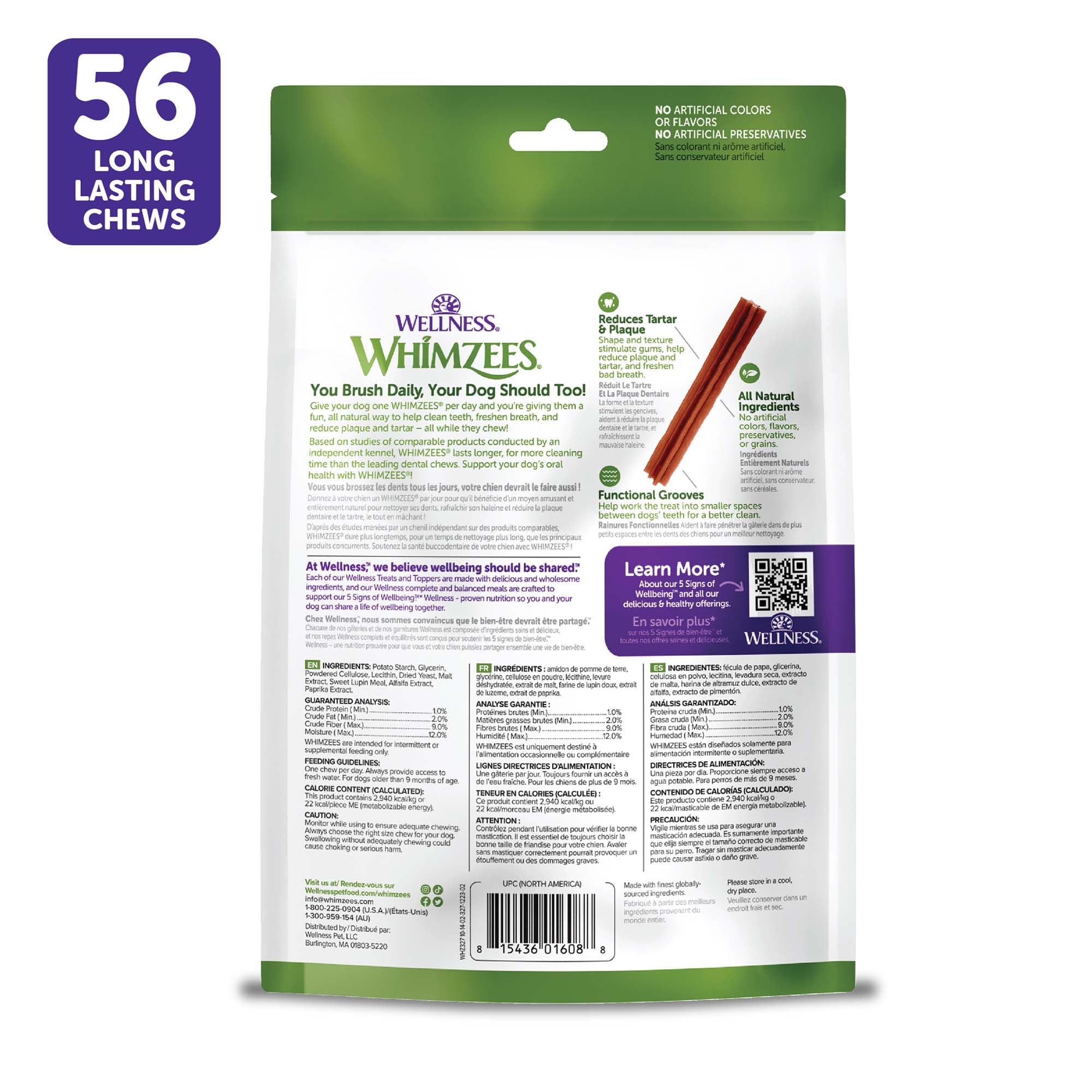 Whimzees Wellness Stix no artificial colors on packaging.