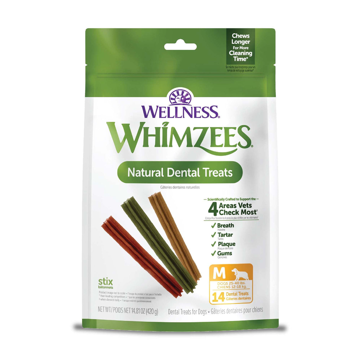 Whimzees Wellness Stix package close-up highlighting natural ingredients for daily dental care.