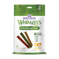 Whimzees Wellness Stix package close-up highlighting natural ingredients for daily dental care.