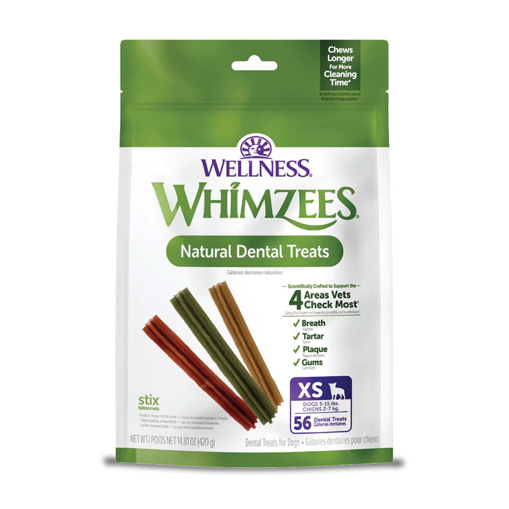 Whimzees Wellness Stix packaging showing a 56-count bag for daily dental care.