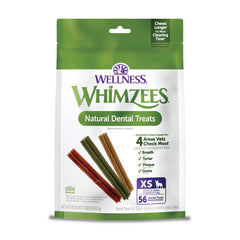 Whimzees Wellness Stix packaging showing a 56-count bag for daily dental care.