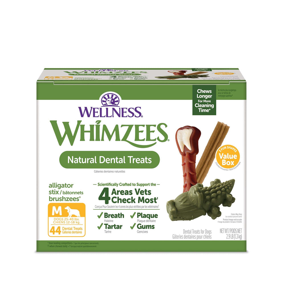 Whimzees Wellness Value Pack box front showing natural dental treats for daily care