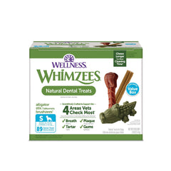 Whimzees Wellness value pack box front showing a family-friendly dental treat for dogs