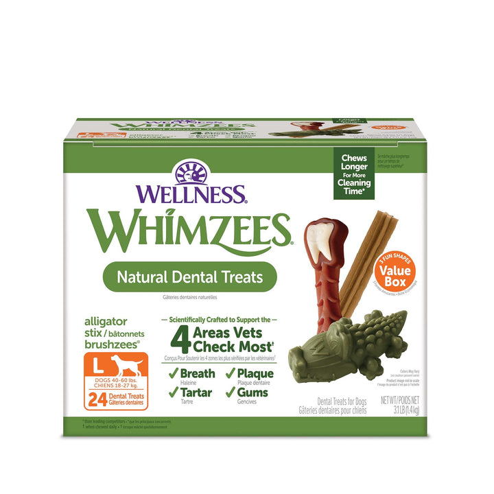 Whimzees Wellness Value Pack box with large dental chews for daily dental care.