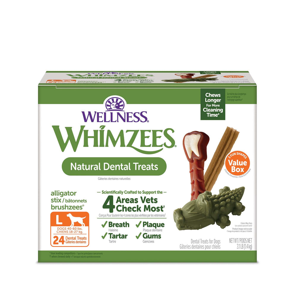 Whimzees Wellness Value Pack box with large dental chews for daily dental care.
