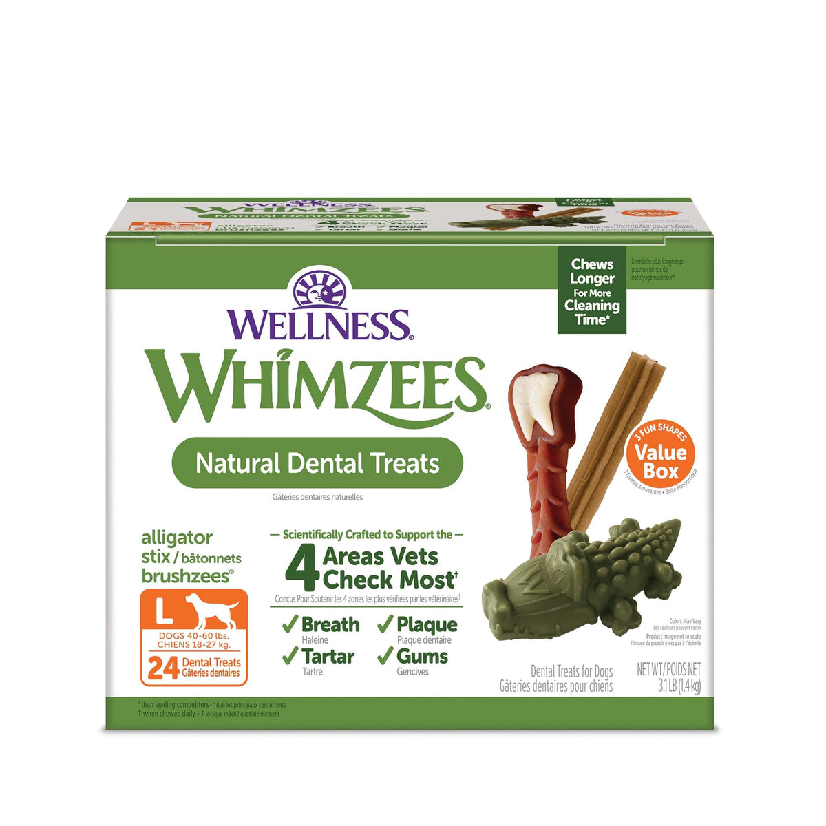 Whimzees Wellness Value Pack box with large dental chews for daily dental care.