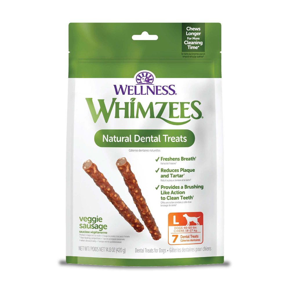 Whimzees Wellness Veggie Sausage dental treat bag promotes daily chewing