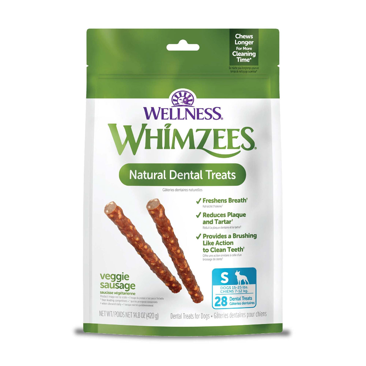 Whimzees Wellness Veggie Sausage dental treat in small bag for daily dental care