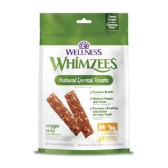 Whimzees Wellness Veggie Strip bag front highlights natural ingredients for healthy chewing