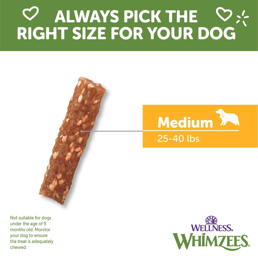 Whimzees Wellness Veggie Strip open bag image suggests convenient daily use