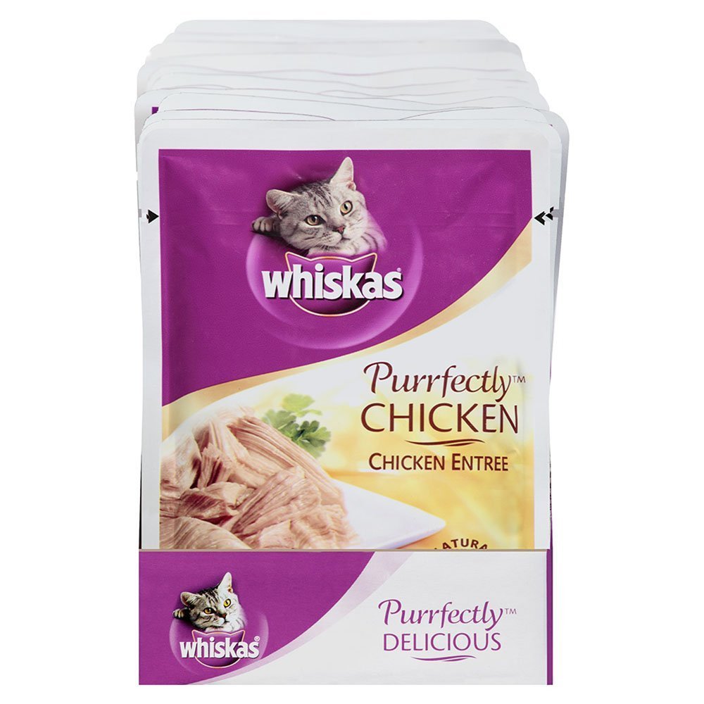 Whiskas Purrfectly Chicken packaging with Flavor-Lock pouch keeps flavor and juices fresh.