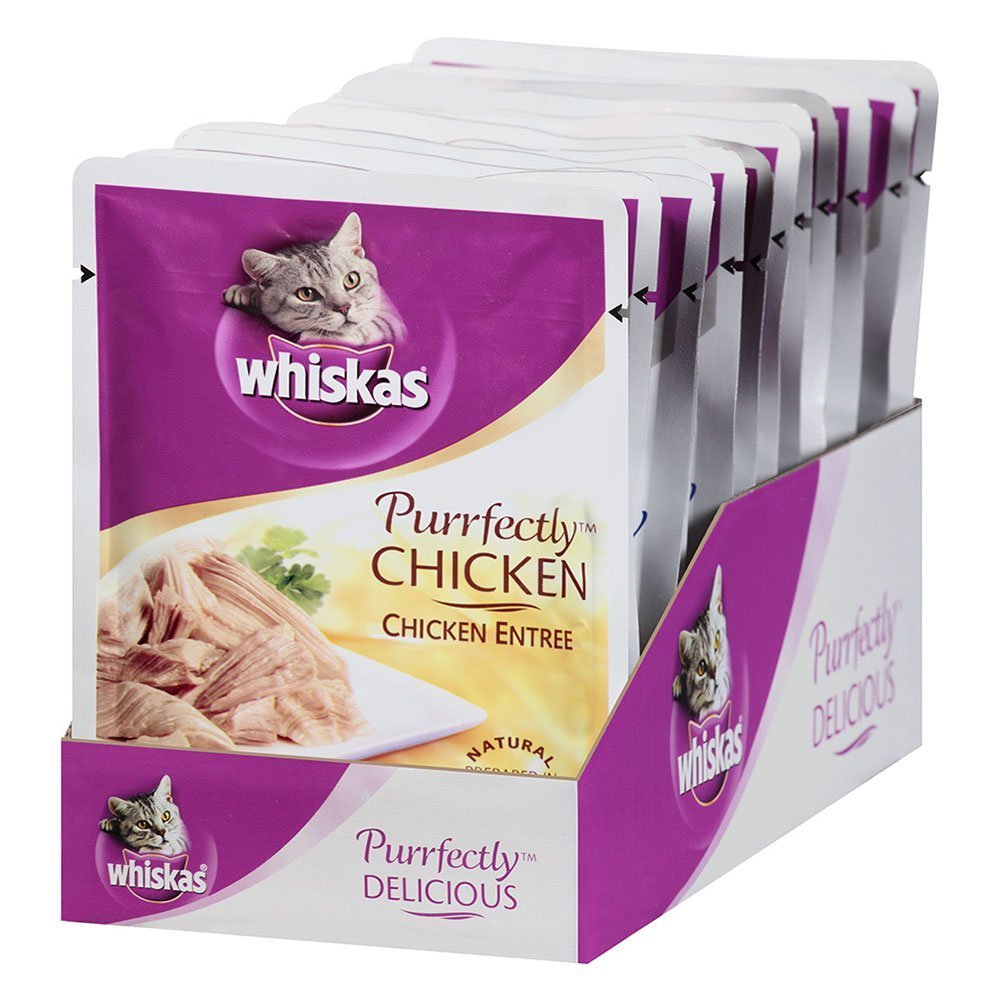 Whiskas Purrfectly Chicken pouch highlights real chicken for adult cats.