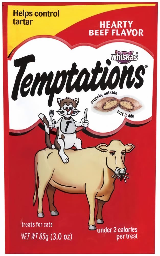 Whiskas Temptations Hearty Beef Treats in a close-up bag, perfect for daily feline rewards