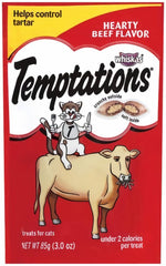 Whiskas Temptations Hearty Beef Treats in a close-up bag, perfect for daily feline rewards