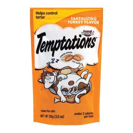 Whiskas Temptations turkey flavor cat treats, crunchy exterior, creamy center for snack time rewards.