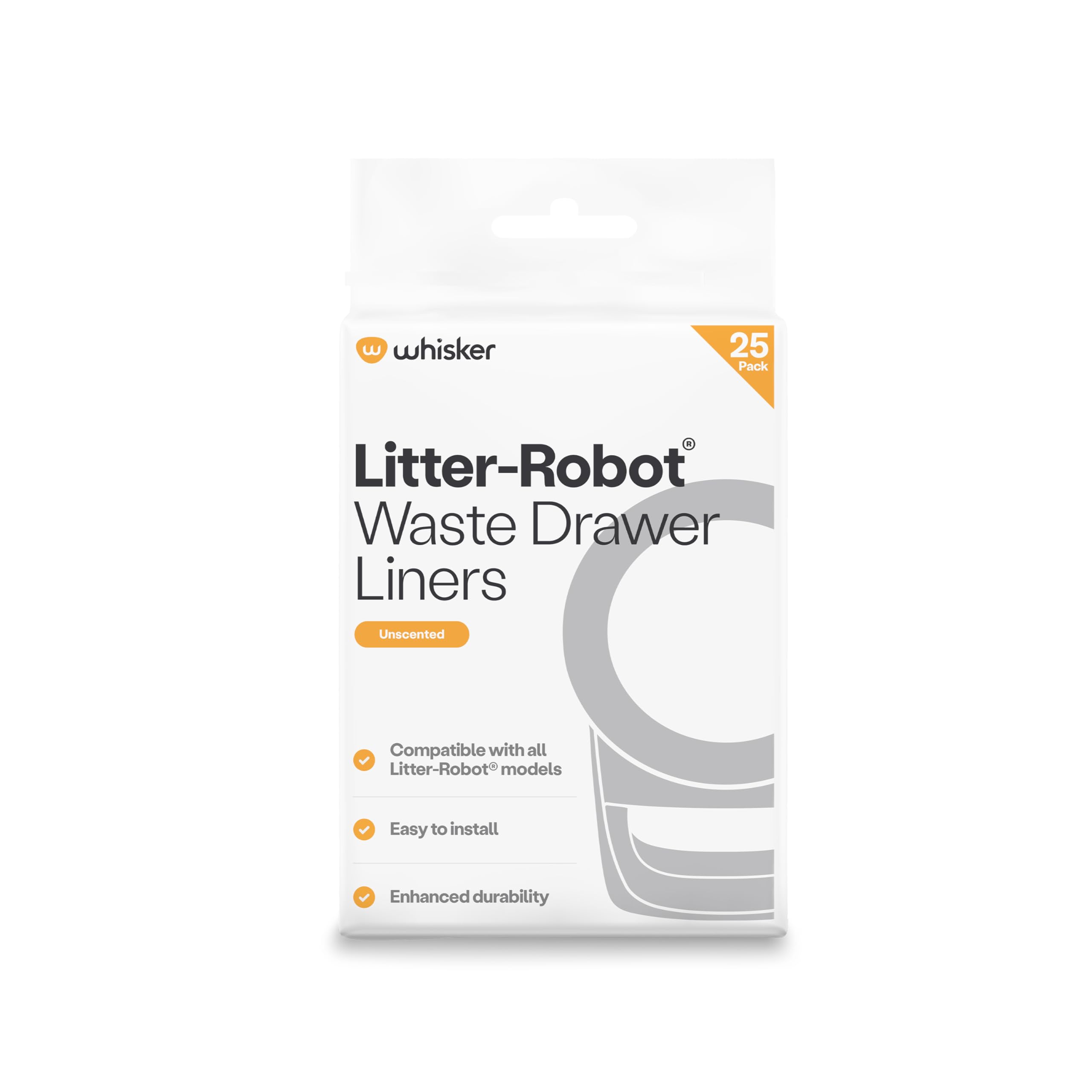 Whisker Litter-Robot waste drawer liners 25-pack ready for quick disposal.