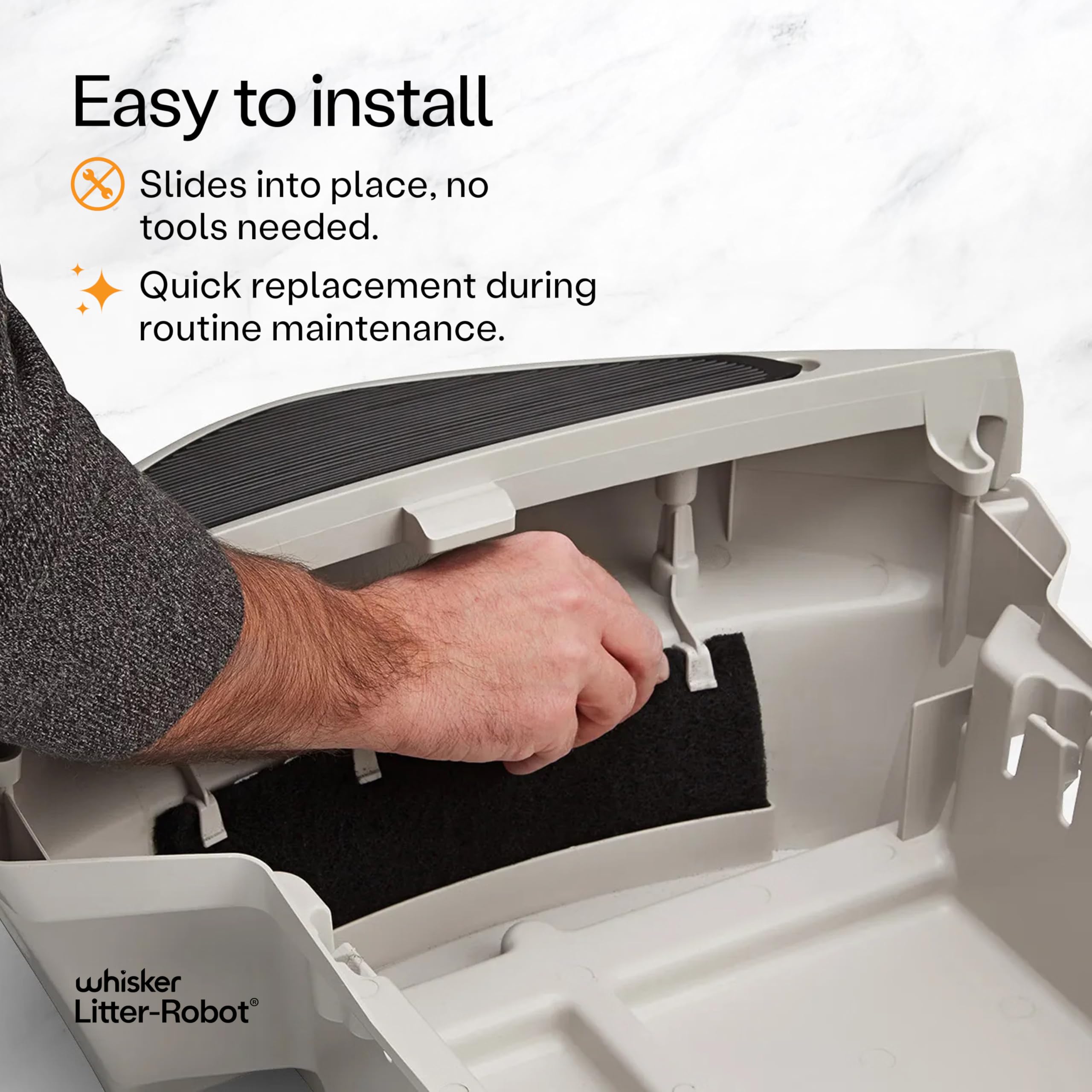 Whisker Litter-Robot 3 waste drawer with filter, close-up, odor reduction.