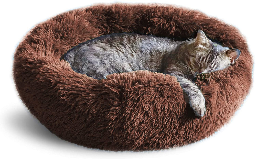Whiskers & Friends calming donut bed in chocolate brown for secure cozy lounging.