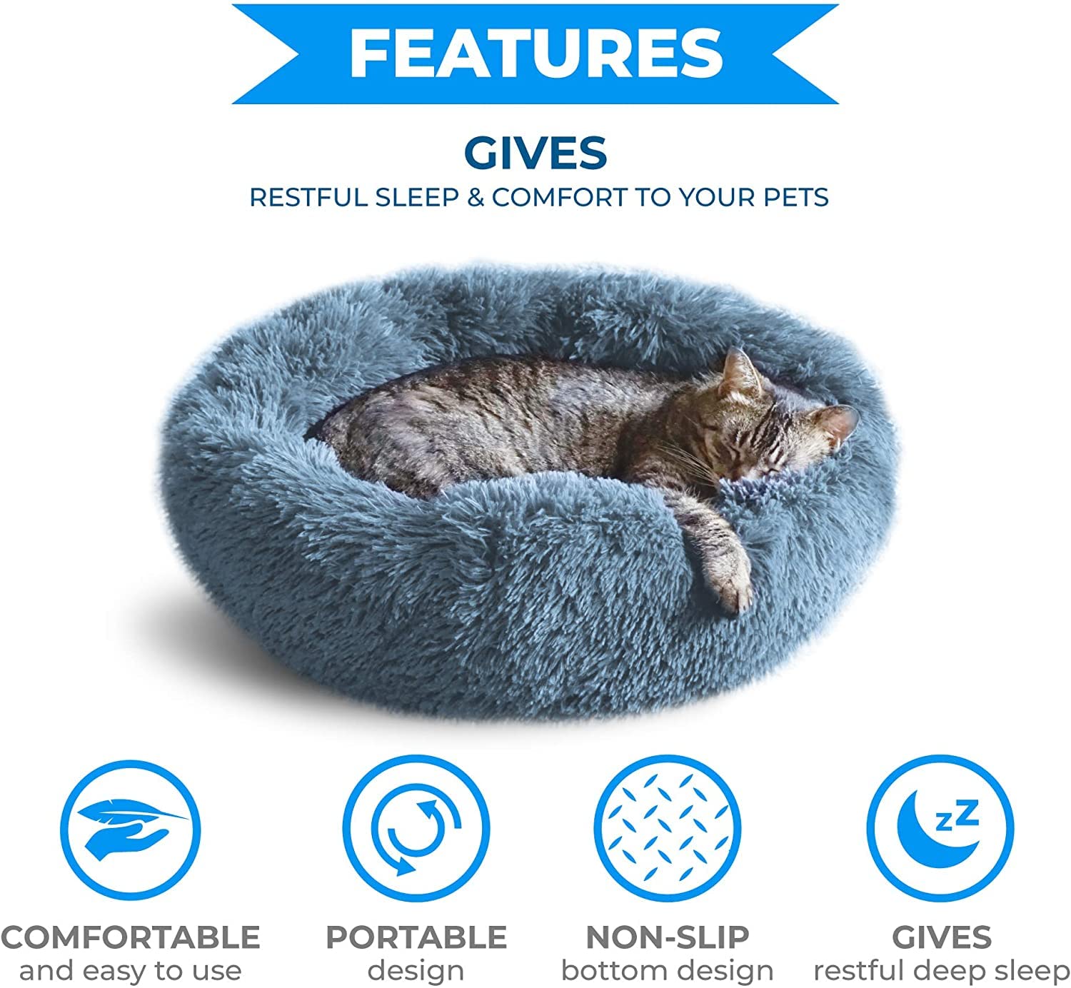 Whiskers & Friends donut bed navy grey fabric closeup for cozy lounging.