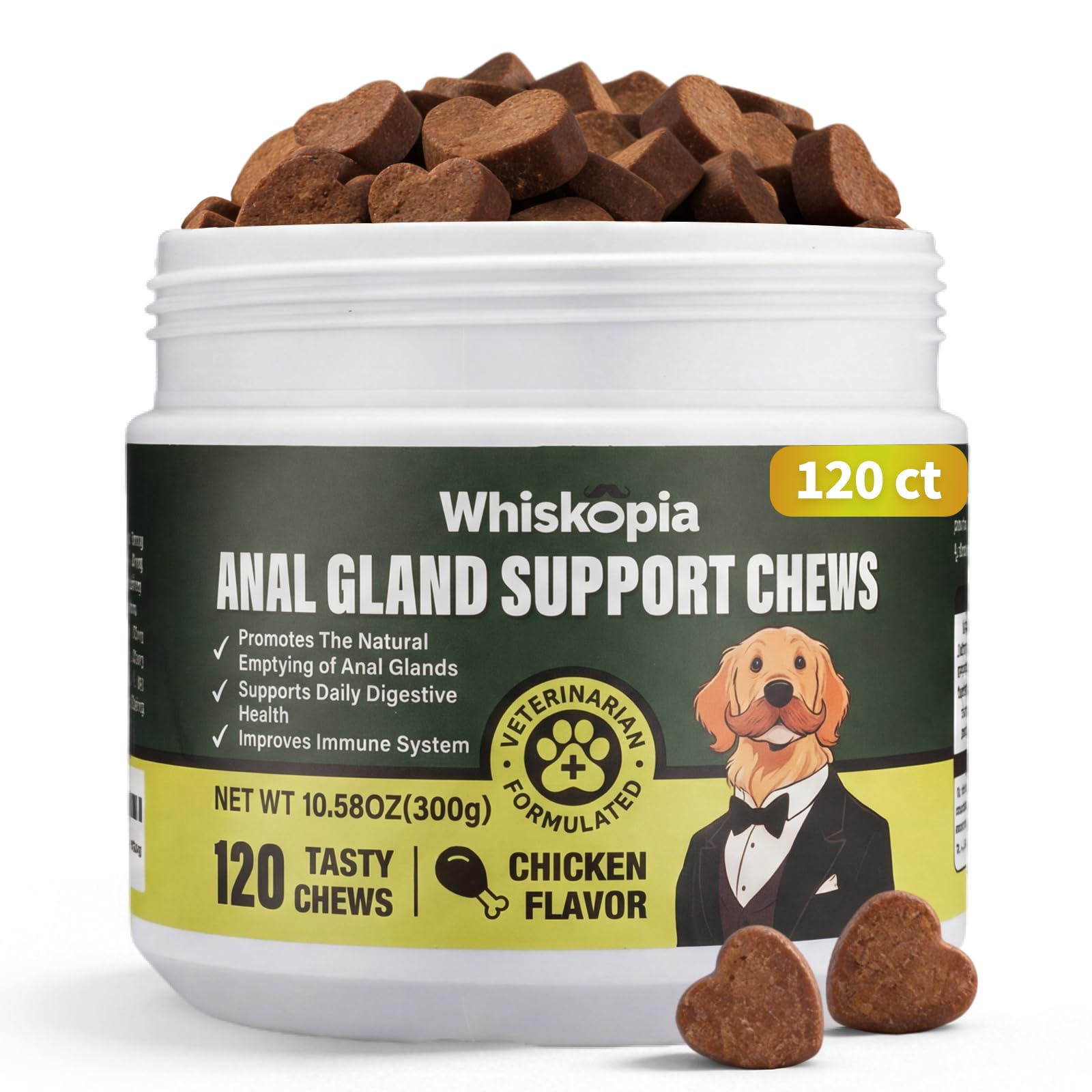 Whiskopia Anal Gland Chews bottle front showing dog-friendly packaging and flavor appeal