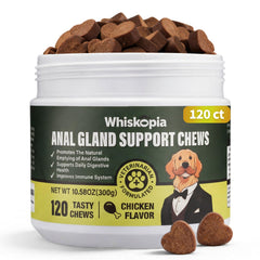 Whiskopia Anal Gland Chews bottle front showing dog-friendly packaging and flavor appeal