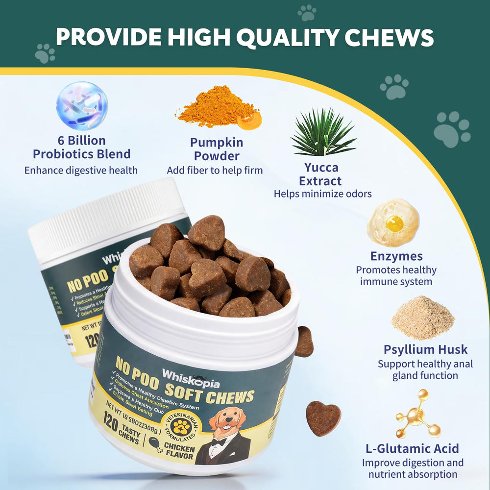 Whiskopia No Poo Chews chicken-flavor chew enticing dogs to chew.