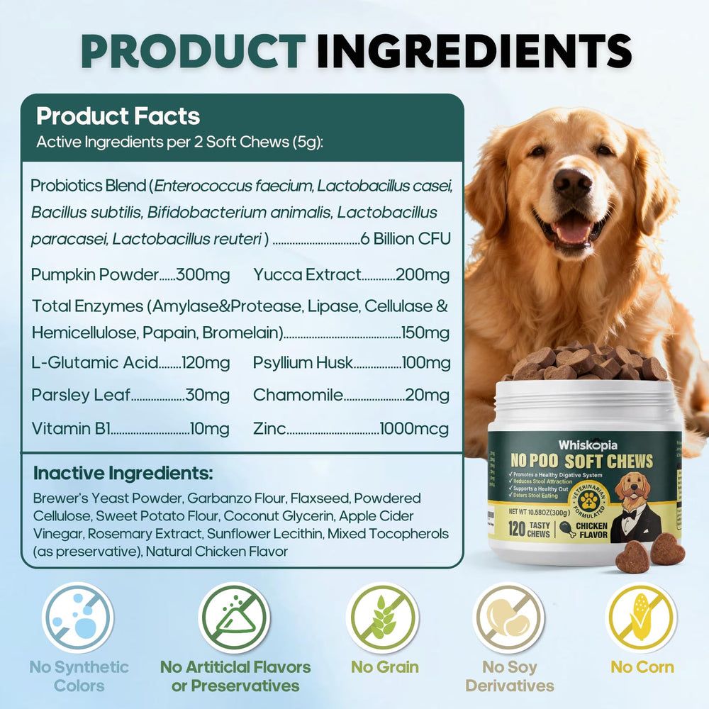 Whiskopia No Poo Chews dog-eating poop deterrent example in use.