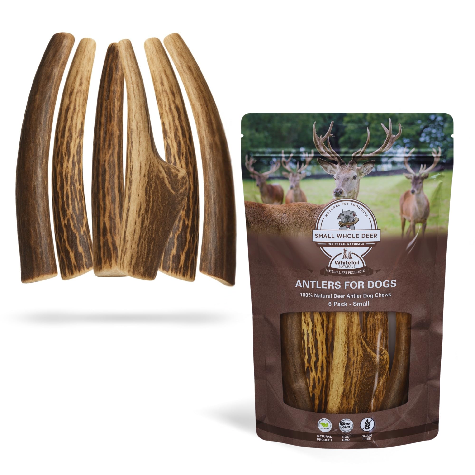 WhiteTail Naturals antlers for dogs, 6-pack, ideal for small dogs' long-lasting chew.
