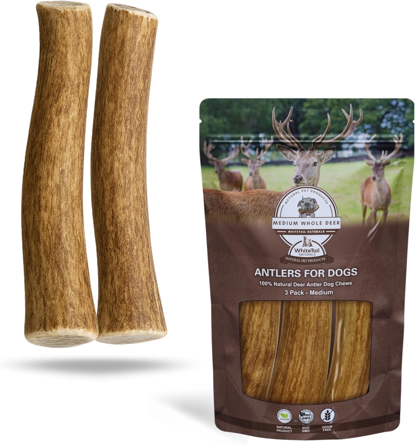 WhiteTail Naturals medium deer antler chews in a 2-pack for dogs; long-lasting natural chew.