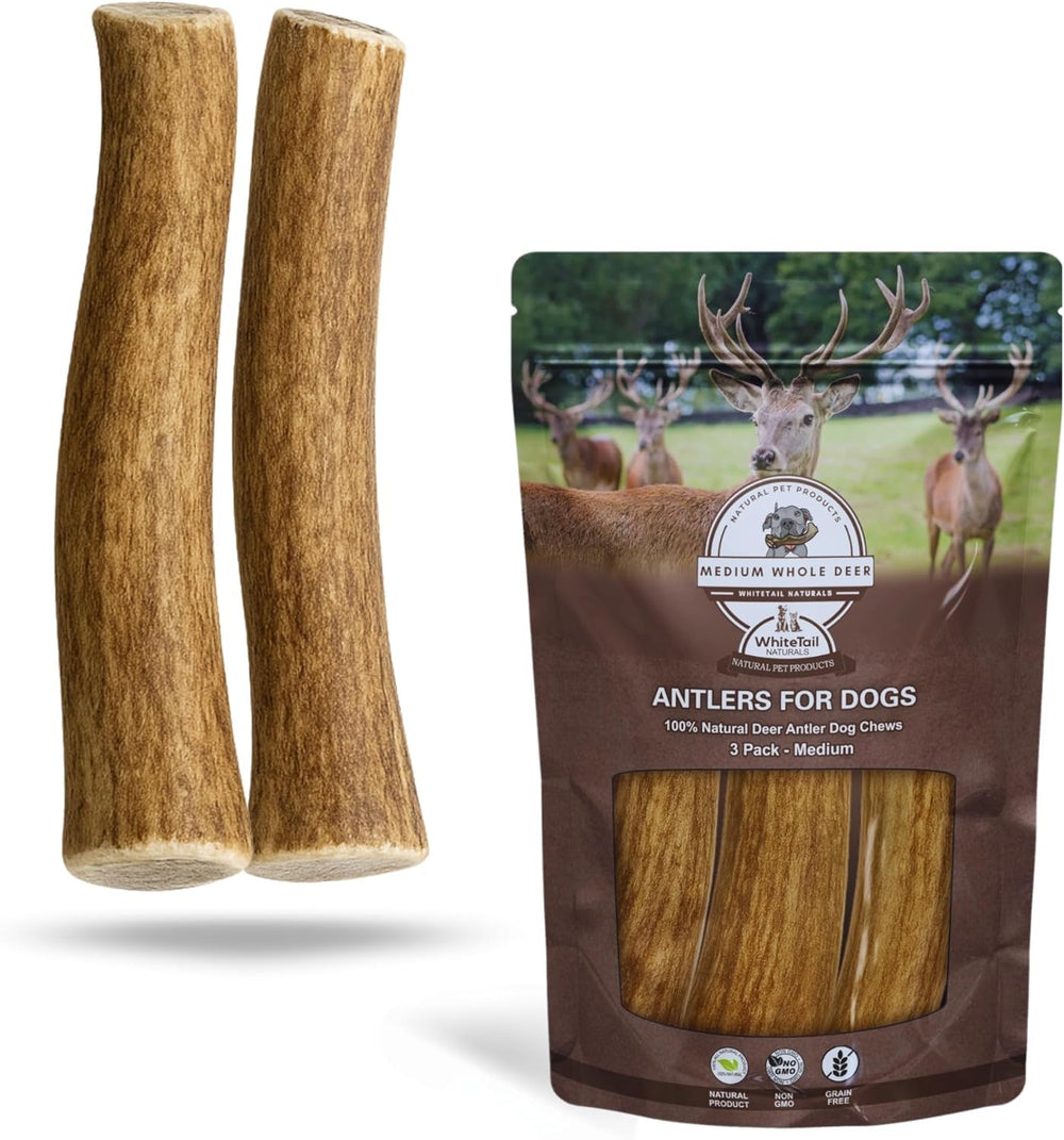 WhiteTail Naturals medium deer antler chews in a 2-pack for dogs; long-lasting natural chew.