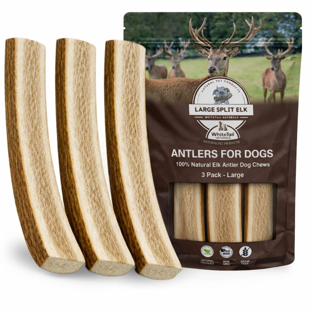 WhiteTail Naturals split elk antlers 3-pack packaging for large dogs, durable chews.