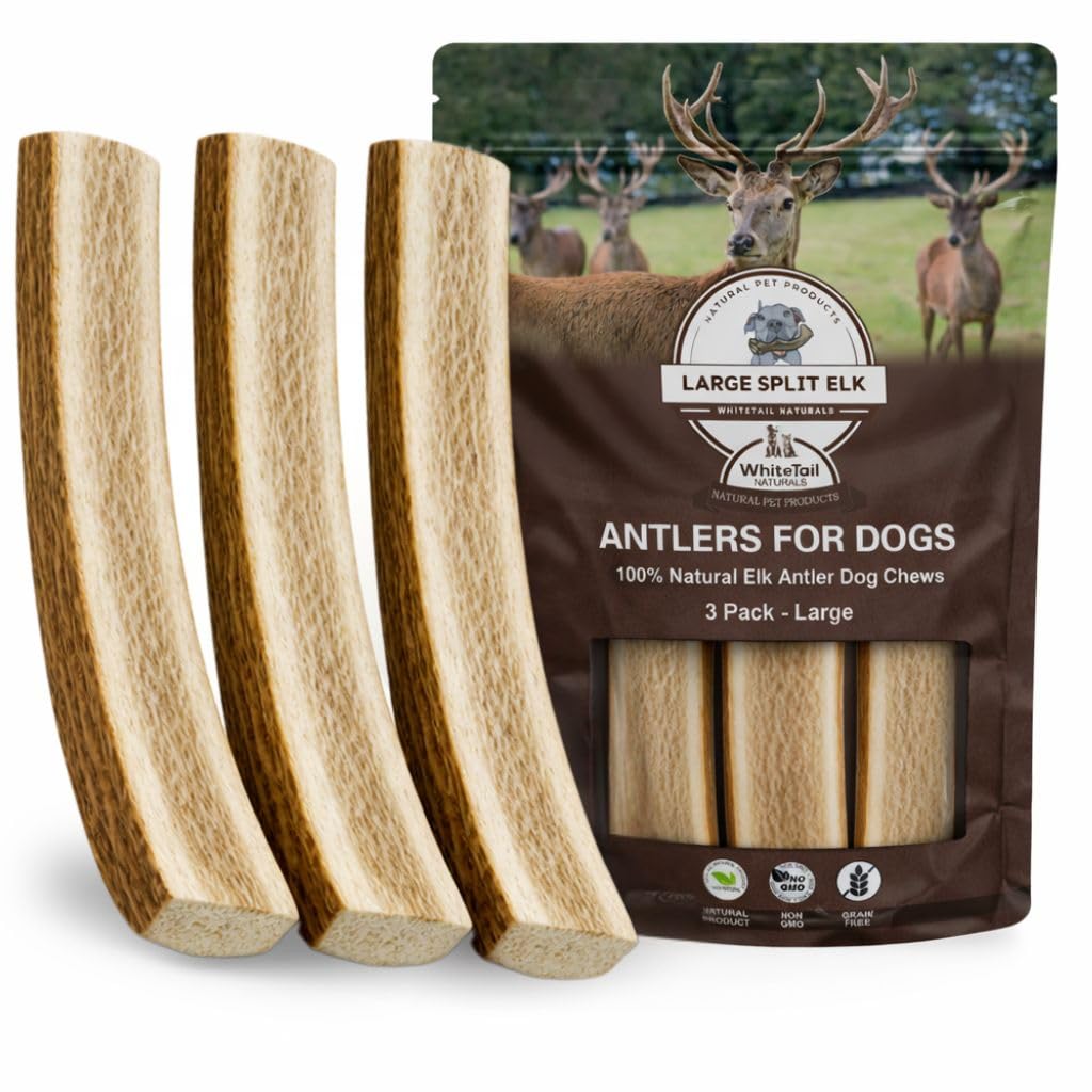 WhiteTail Naturals split elk antlers 3-pack packaging for large dogs, durable chews.