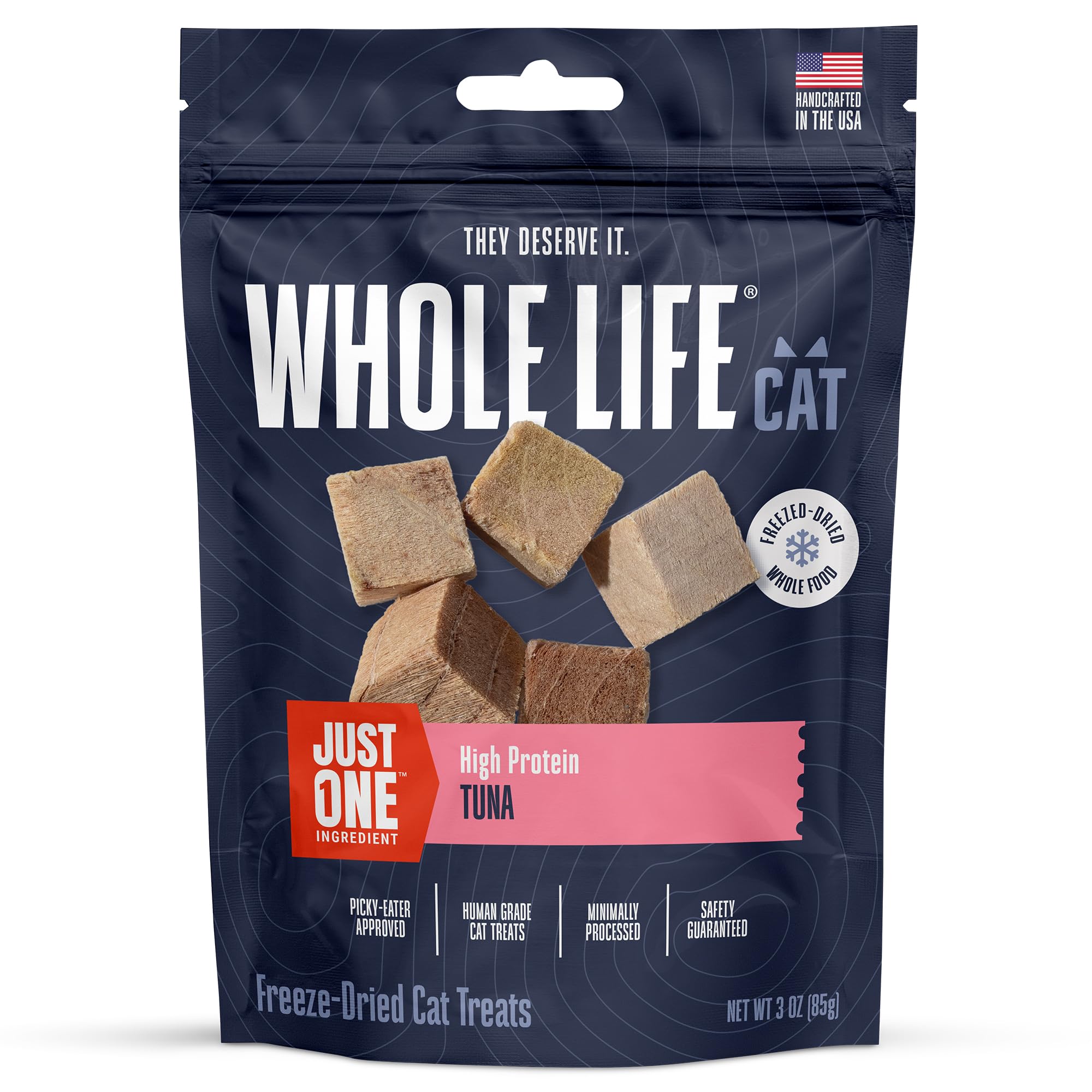 Front-pack view of Whole Life Just One Tuna protein-rich treat for cats.
