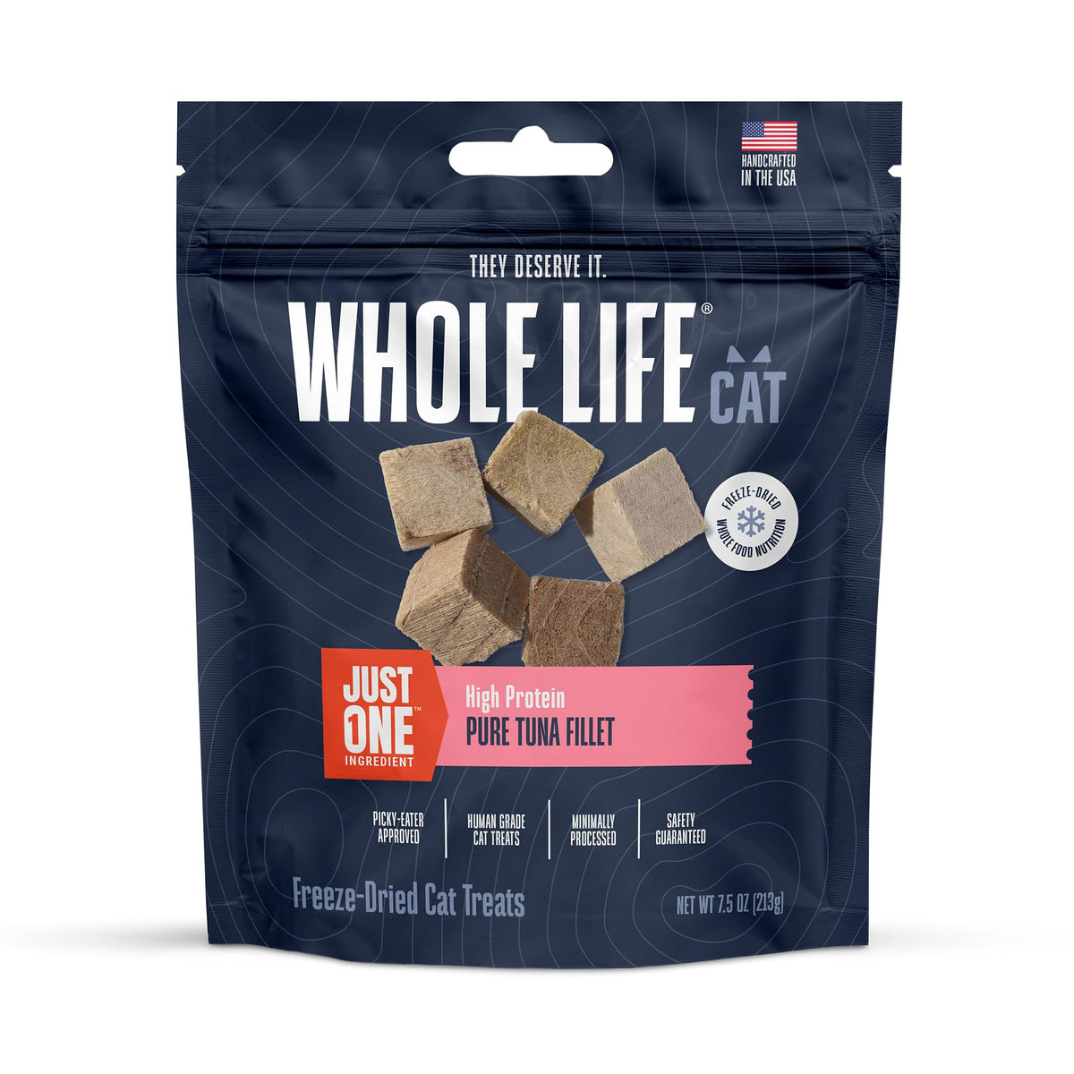 Whole Life Cat Just One Tuna Treats pack shows premium single-ingredient protein.