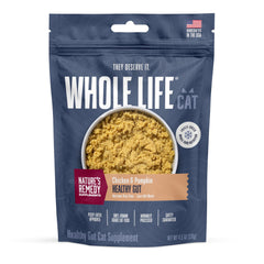 Whole Life Pet Healthy Gut daily supplement bottle pouring, supports feline digestion and gut balance.