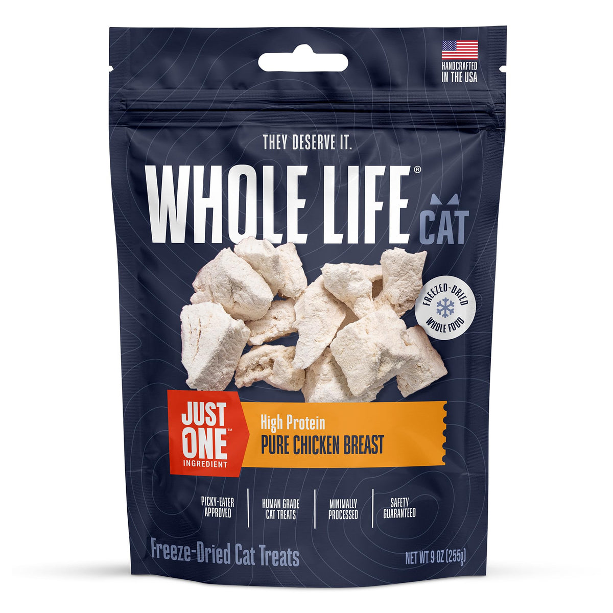 Whole Life Pet Just One Chicken cat treats bottle close-up, protein-rich snack.