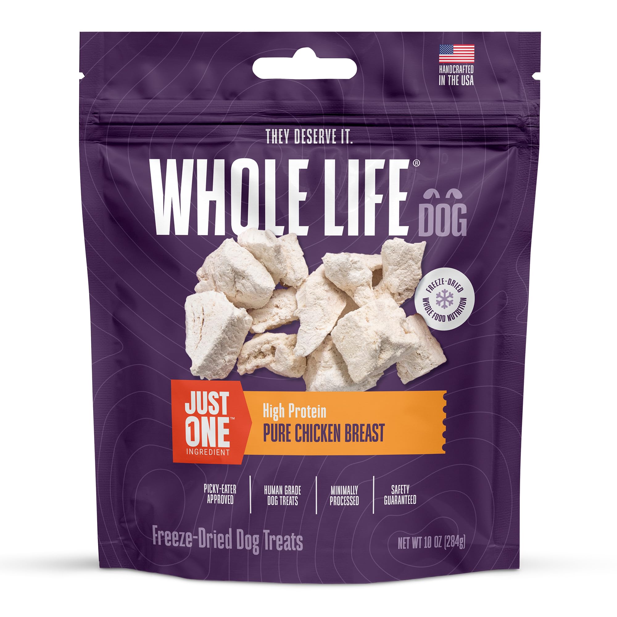 Whole Life Pet Just One Chicken freeze-dried treats close-up; protein-rich training reward
